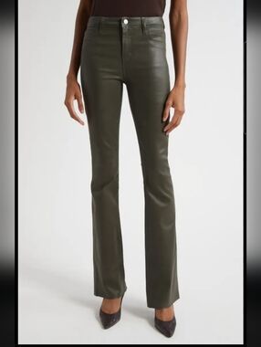L'agence Ruth High-Waist Olive Green Coated Straight-Leg Raw Hem Pant